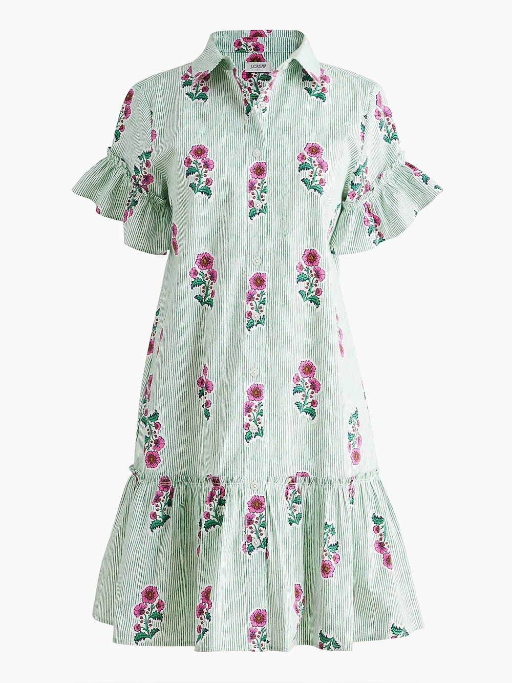 J. Crew Mint Striped Midi Dress with Pink Floral Print